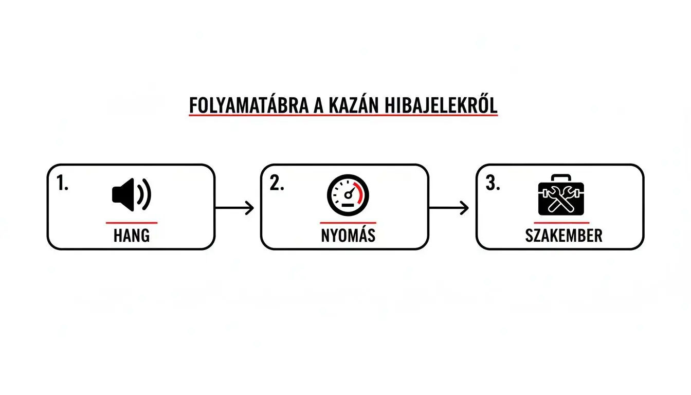 Folyamaábra a kazán hibajelekről, amely a zajt, a nyomást és a szakember beavatkozását mutatja be.