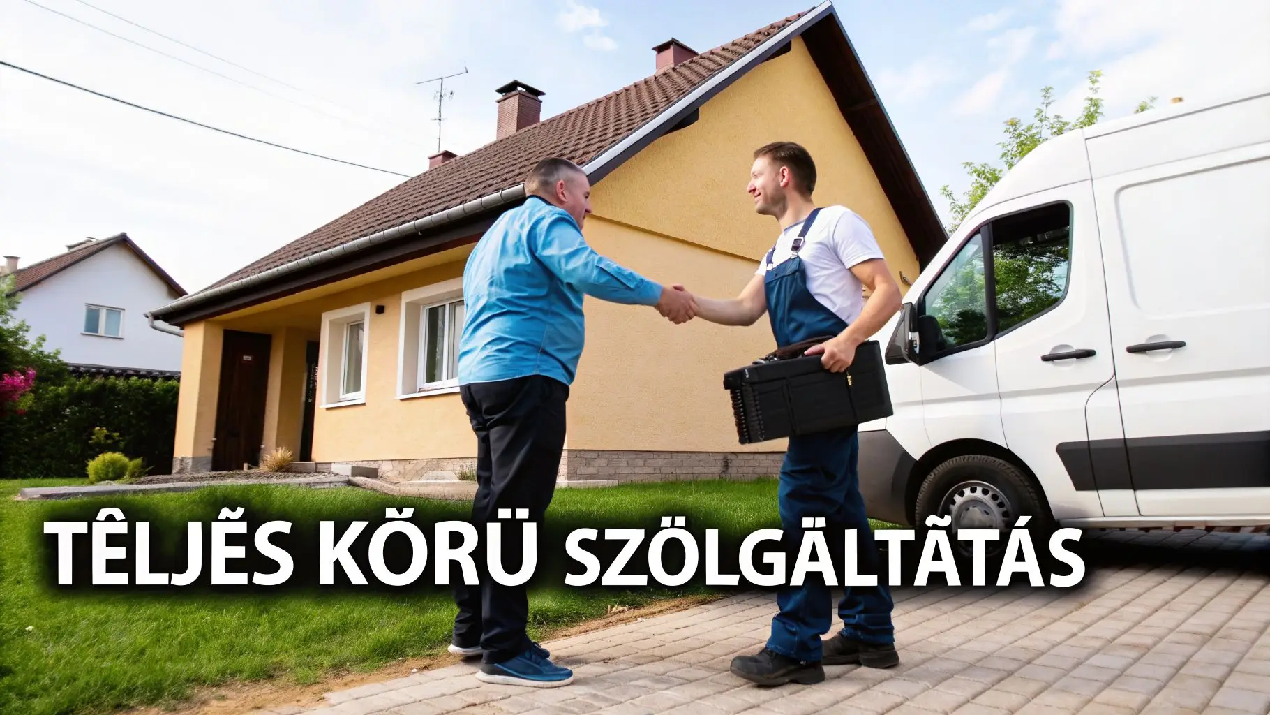 Két férfi kezet fog egy ház előtt, jelezve a teljes körű szolgáltatást és a megbízható szakembert.