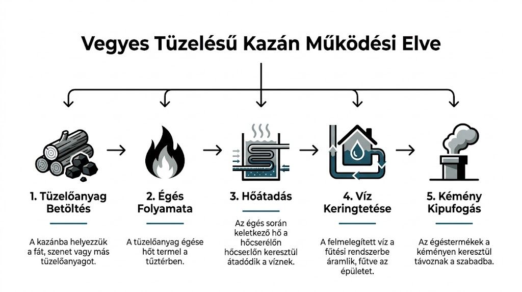 A vegyes tüzelésű kazán működési elvét bemutató ábra, amely lépésről lépésre szemlélteti az égés folyamatát.
