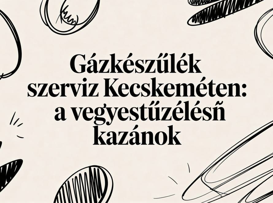 Bold Hungarian headline about gas appliance service in Kecskemét, surrounded by black sketch drawings on a beige background.