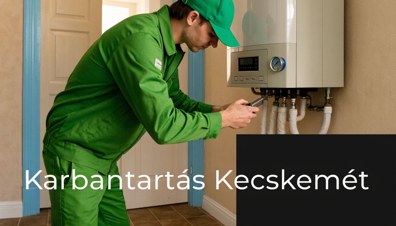 Egy zöld szerelőruhát viselő szakember éppen egy fali gázkazán karbantartását végzi egy lakásban Kecskeméten.