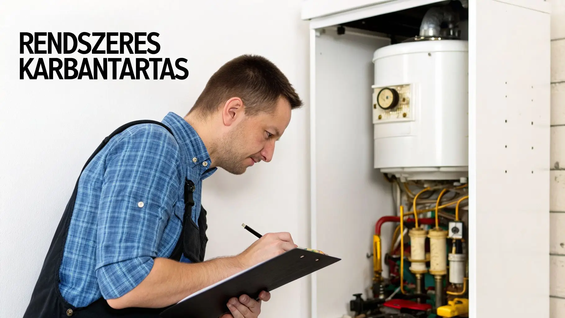 Gázszerelő vagy fűtésszerelő jegyzetel egy nyitott gázkazán vagy bojler ellenőrzése közben, hangsúlyozva a rendszeres karbantartást.