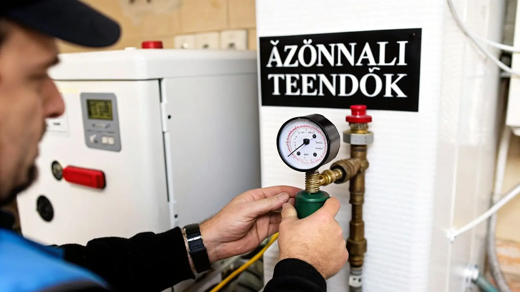 Gázszerelő ellenőrzi a fűtésrendszer nyomásmérő óráját egy technikai helyiségben, karbantartást végez.