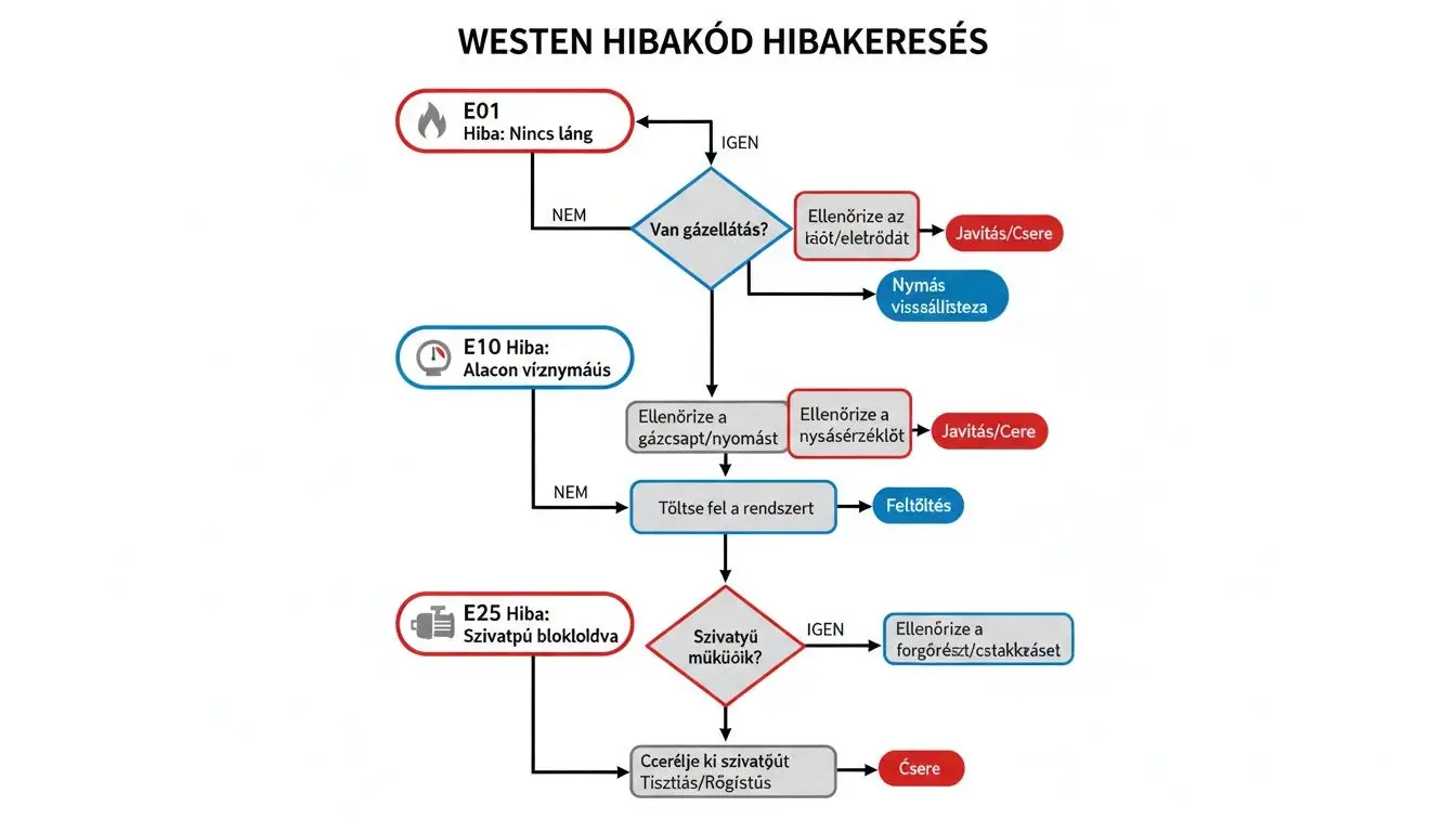Westen hibakód hibakeresési folyamatábra gáz, víznyomás és szivattyú problémákra. Lépésről lépésre útmutató a hibaelhárításhoz és javításhoz.