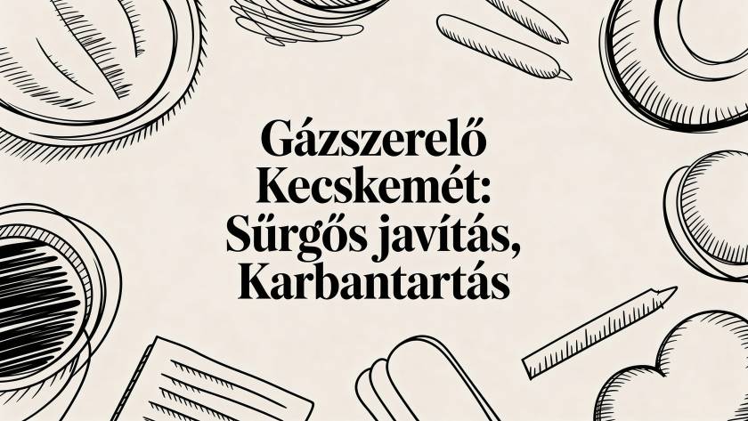 Poster advertising a gas plumber in Kecskemét: 'Sürgős javítás, Karbantartás' with black line-drawn tools framing the text; conveys urgent plumbing services.