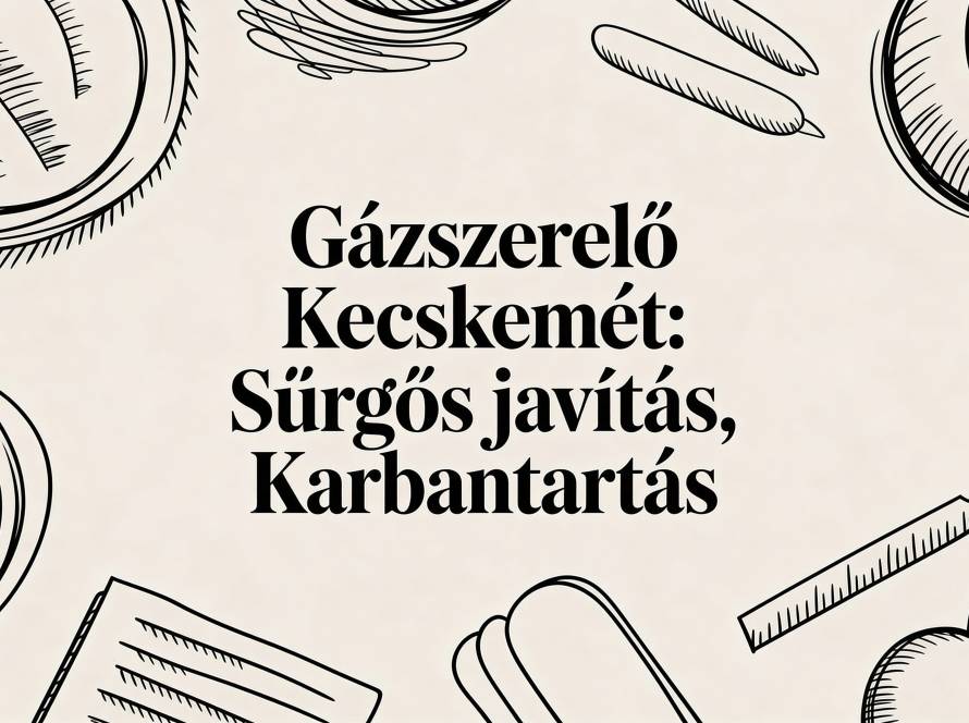 Poster advertising a gas plumber in Kecskemét: 'Sürgős javítás, Karbantartás' with black line-drawn tools framing the text; conveys urgent plumbing services.