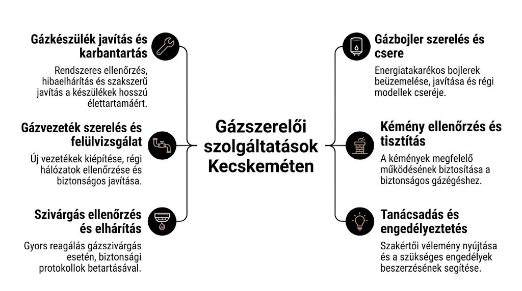 A kecskeméti gázszerelői szolgáltatások összefoglaló infografikája, amely különféle szakmai munkákat és biztonsági ellenőrzéseket mutat be részletesen.