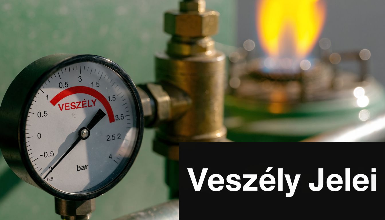 Egy gázkazán manométere a veszélyzónát jelzi, miközben a háttérben egy gázégő lángja látható.