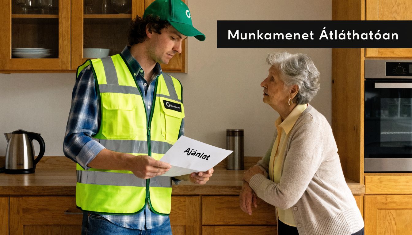 Egy fiatal gázszerelő szakember éppen egy ajánlatot mutat egy idős hölgynek a konyhájukban, munkamenet átlátható módon.