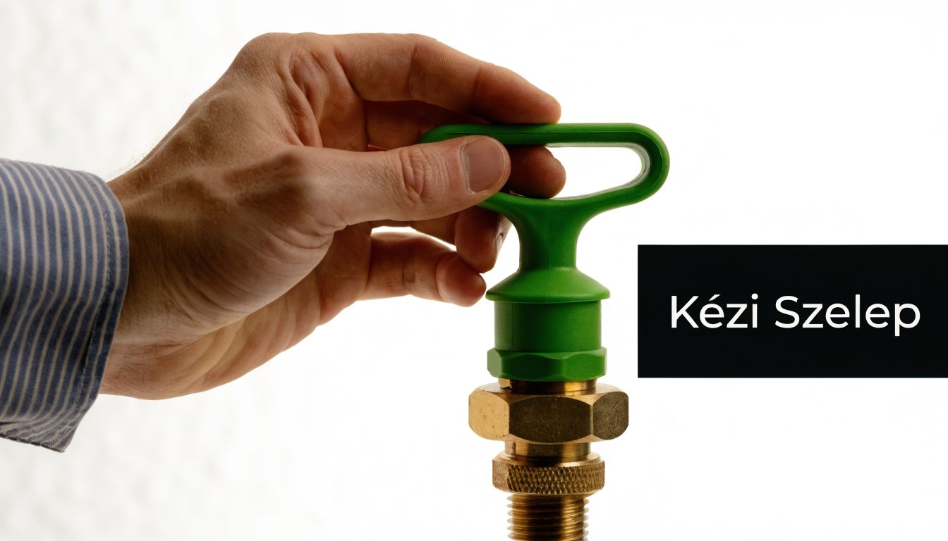 Egy emberi kéz egy zöld színű kézi szelepet tart, amely egy sárgaréz csőszerelvényhez van csatlakoztatva.