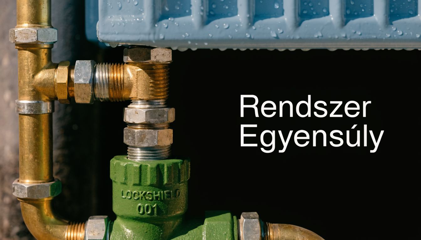 Egy fűtési rendszer radiátorszelepének közeli képe a rendszer kiegyensúlyozásához szükséges szerelvényekkel és csatlakozásokkal.