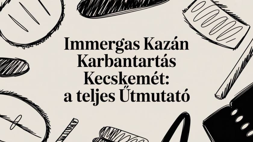 Hungarian banner headline reading 'Immergas Kazán Karbantartás Kecskemét: a teljes Útmutató' surrounded by black doodle tools on a cream background.