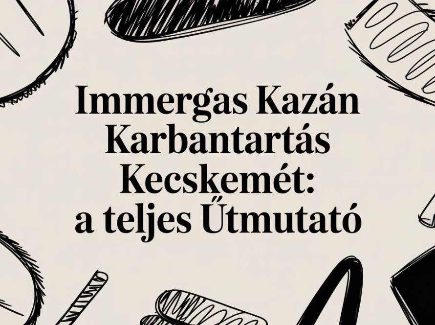 Hungarian banner headline reading 'Immergas Kazán Karbantartás Kecskemét: a teljes Útmutató' surrounded by black doodle tools on a cream background.
