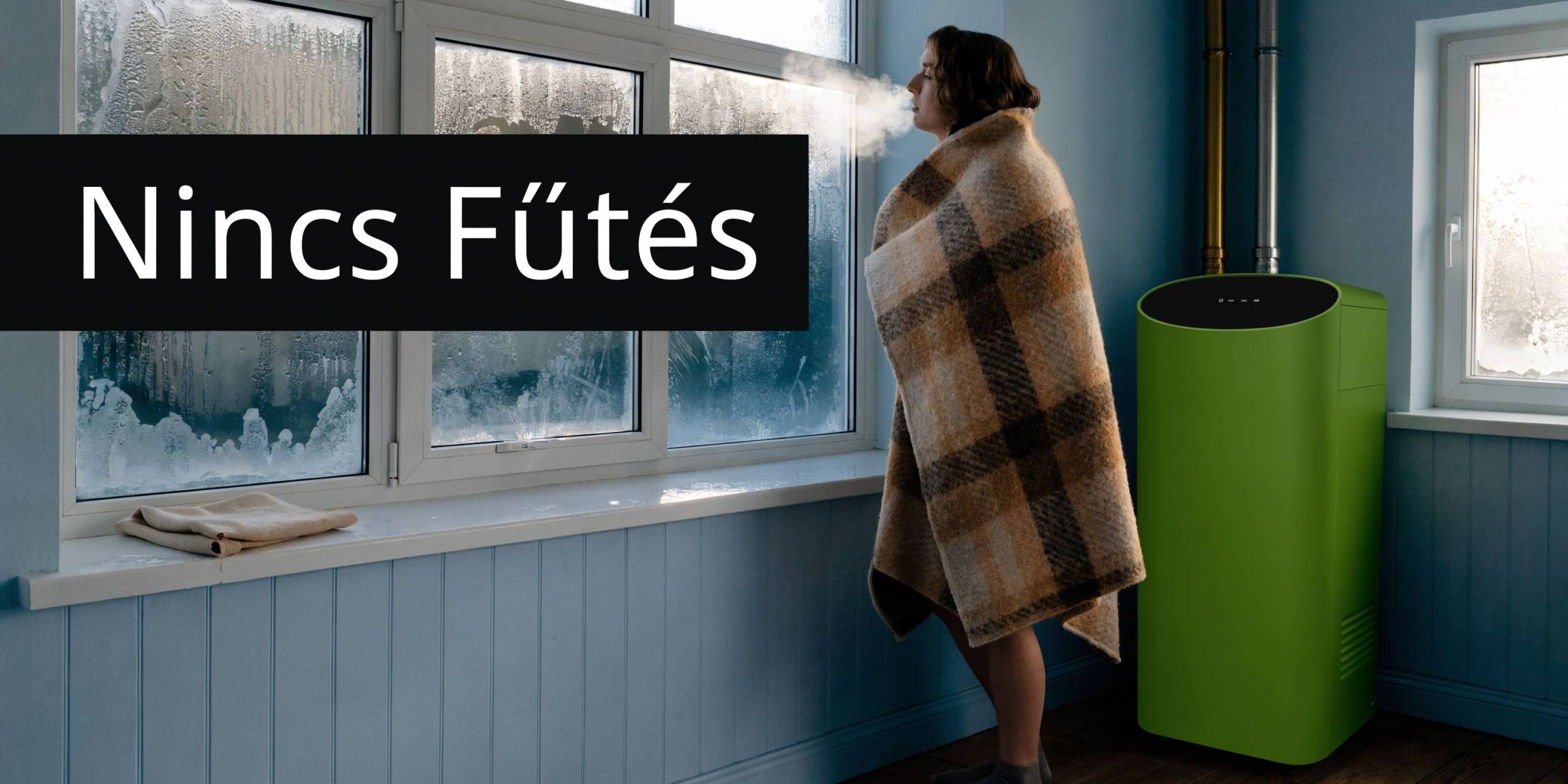 Egy fűtetlen, hideg szob&aacute;ban &aacute;ll&oacute;, takar&oacute;ba burkol&oacute;zott f&aacute;z&oacute; ember, mellette egy modern z&ouml;ld Immergas fűtők&eacute;sz&uuml;l&eacute;k l&aacute;that&oacute;.