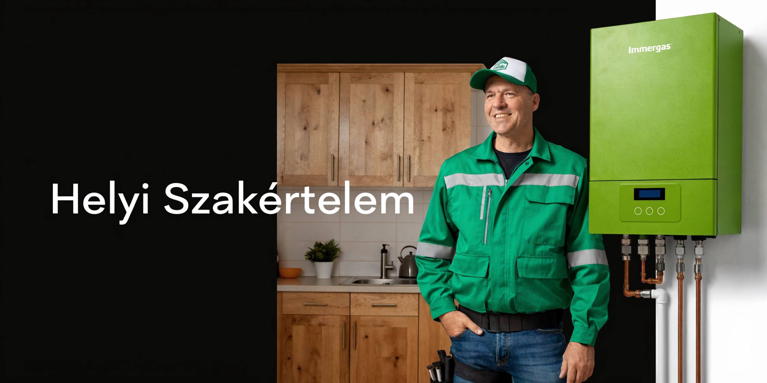 Egy szakk&eacute;pzett szerelő szakember &aacute;ll egy z&ouml;ld sz&iacute;nű Immergas kondenz&aacute;ci&oacute;s g&aacute;zkaz&aacute;n mellett egy modern konyhai k&ouml;rnyezetben.