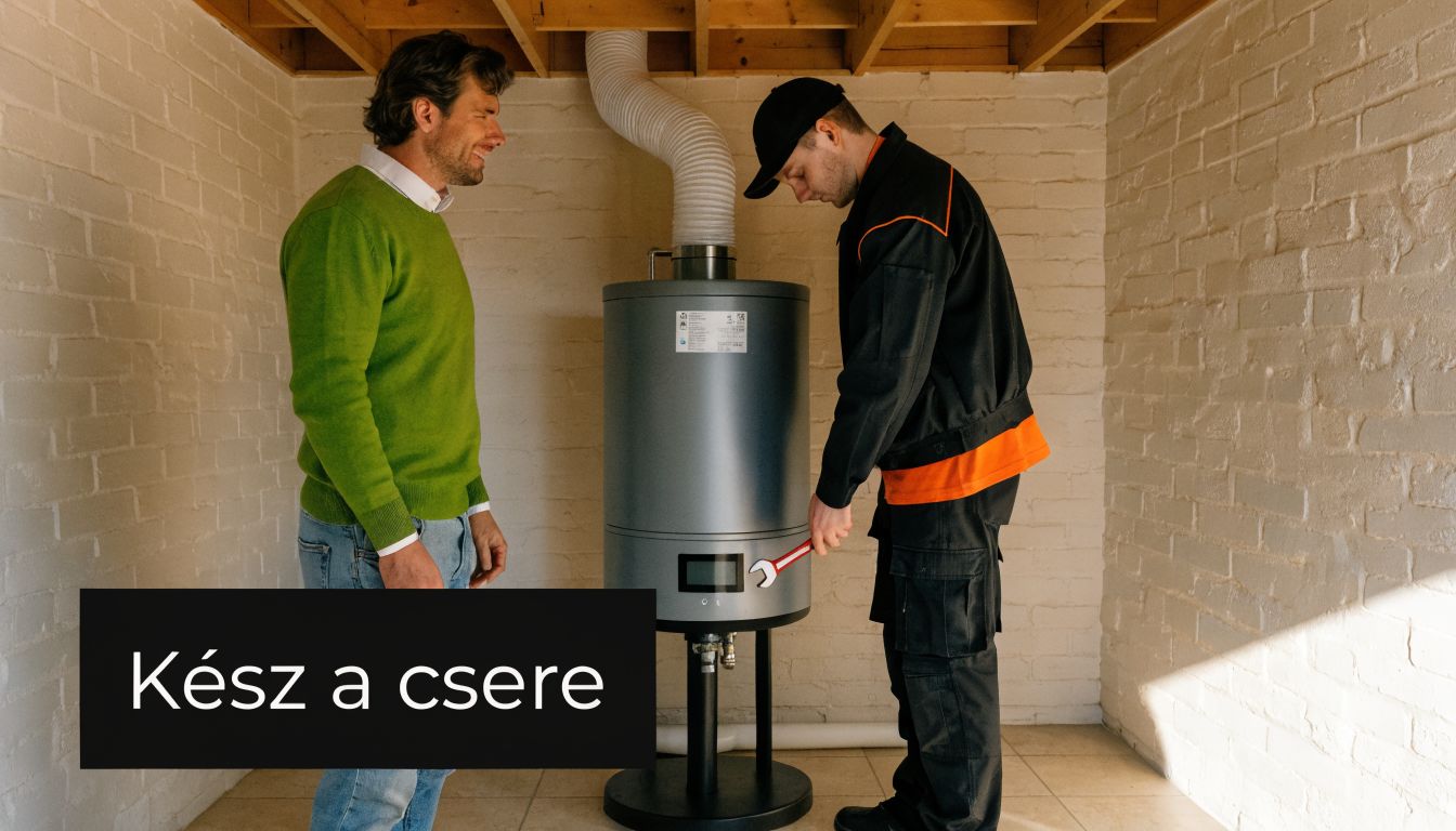 Szerelő éppen egy fűtési berendezésen dolgozik, miközben egy férfi figyelmesen figyeli a javítási folyamatot a pincében.