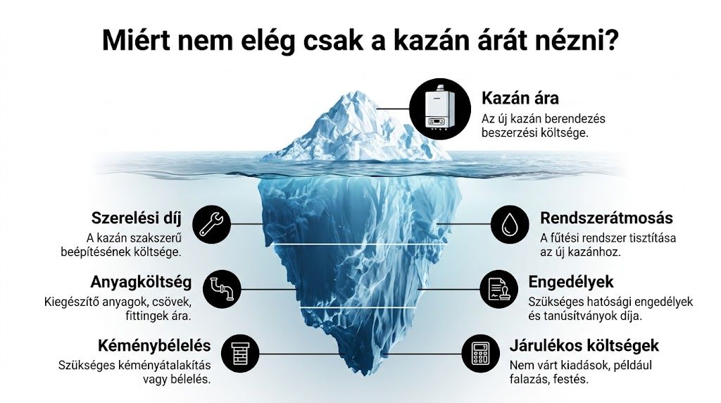 Jéghegy szemlélteti, hogy a kazáncsere ára nem csak a készülék megvásárlásából, hanem egyéb rejtett költségekből is áll.