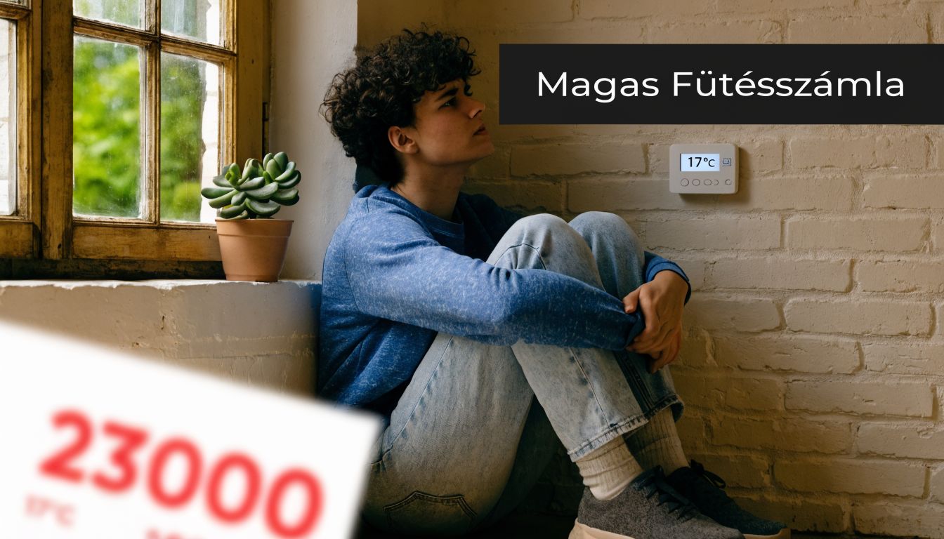 Egy szomorú fiatal ül a földön egy hideg szobában, miközben magas fűtésszámláról szóló felirat látható.