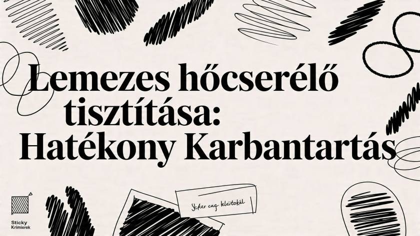 Hungarian poster headline: "Lemezes hőcserélő tisztítása: Hatékony karbantartás" with black doodle sketches around on a light background.
