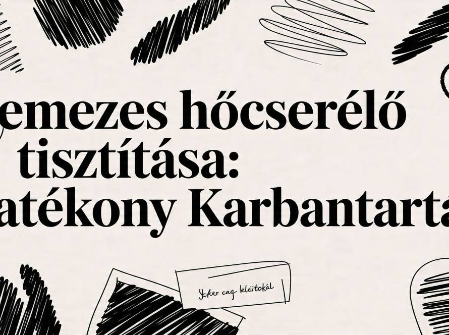 Hungarian poster headline: "Lemezes hőcserélő tisztítása: Hatékony karbantartás" with black doodle sketches around on a light background.