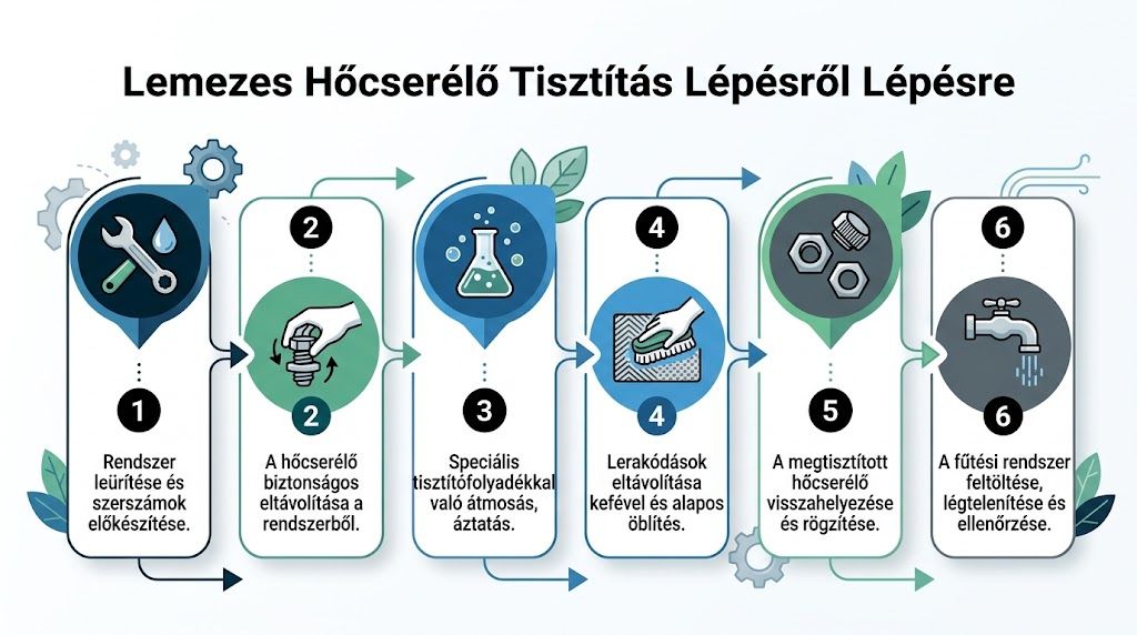 Hat lépésből álló útmutató lemezes hőcserélő tisztításához, a rendszer leürítésétől a végső feltöltésig és légtelenítésig.