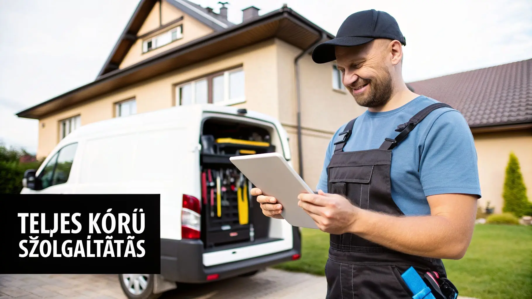Mosolygós szakember overálban, tablettel a kezében, szervizautó és családi ház előtt.