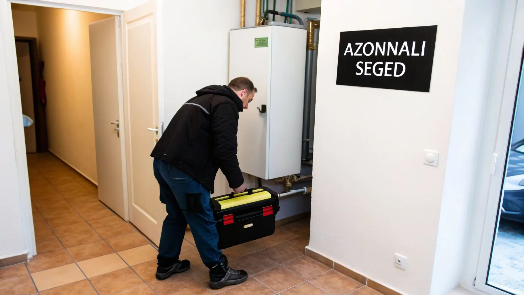 Férfi szerelő szerszámosládával, egy fűtési rendszer vagy kazán vizsgálatát végzi beltérben.