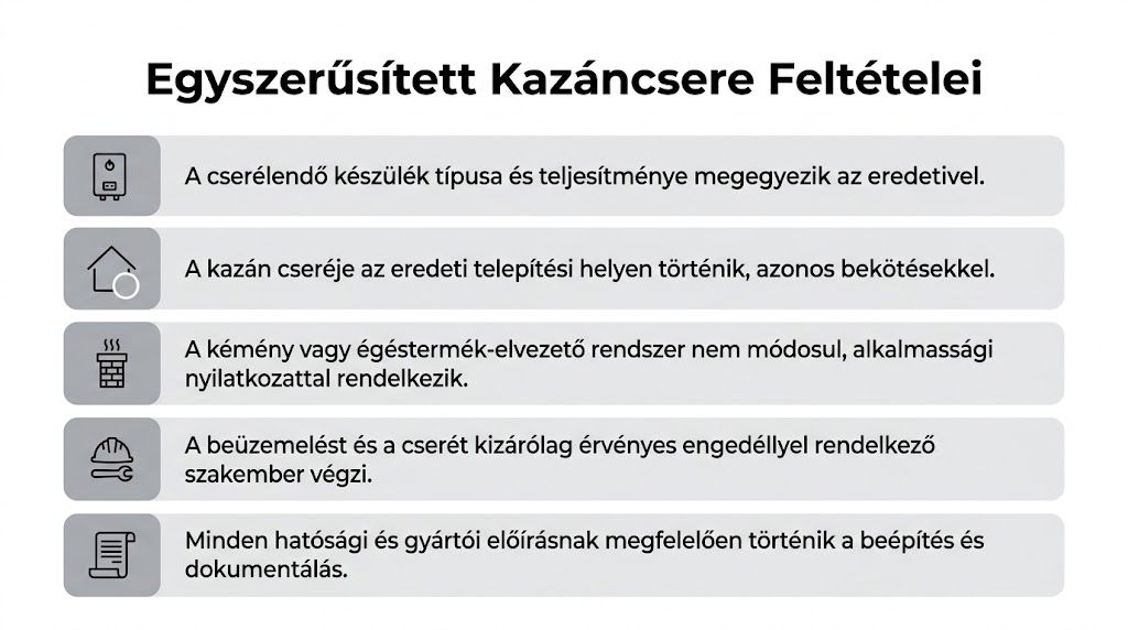 Egyszerűsített kazáncsere feltételei listába szedve, amely az új gázkészülék cseréjének technikai és jogi elvárásait összegzi.