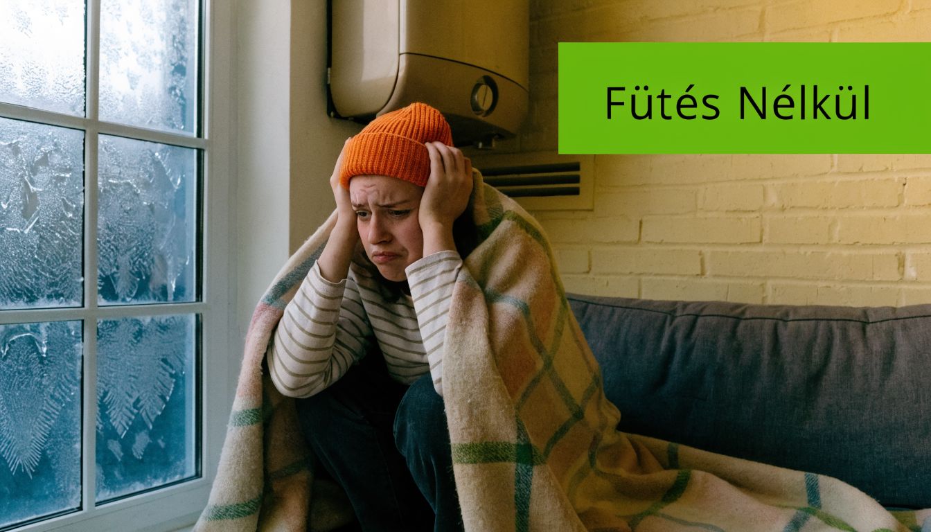 Egy fiatal nő takaróba burkolózva ül fűtés nélkül egy hideg, fagyos ablak mellett a lakásában.