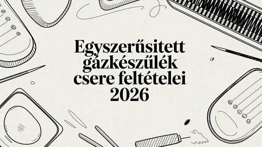 Hungarian banner text about simplified gas appliance replacement requirements for 2026, with surrounding line drawings of stoves and tools.