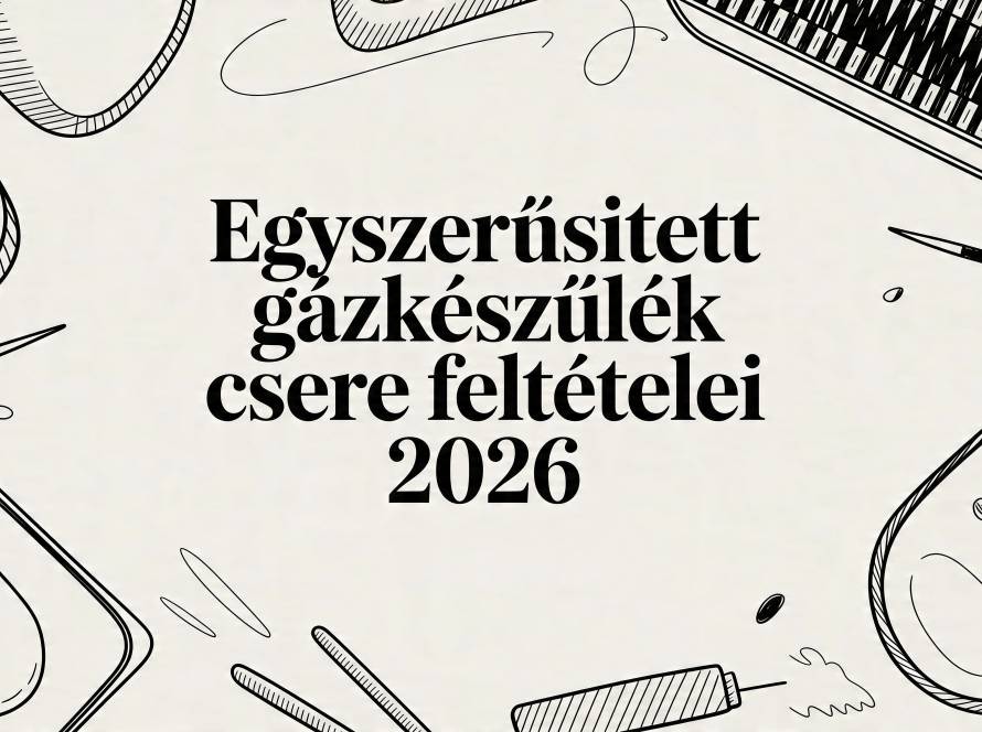 Hungarian banner text about simplified gas appliance replacement requirements for 2026, with surrounding line drawings of stoves and tools.