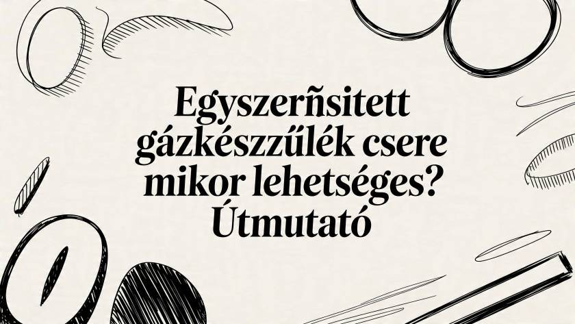 Hungarian title card reading: 'Egyszerűsített gázkészülék cseréje mikor lehetséges? Útmutató' surrounded by black sketch doodles on a beige background.