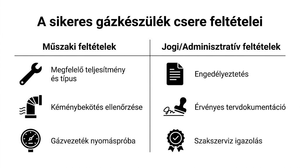 A sikeres gázkészülék csere alapvető műszaki, valamint jogi és adminisztratív feltételeit összefoglaló infografika.
