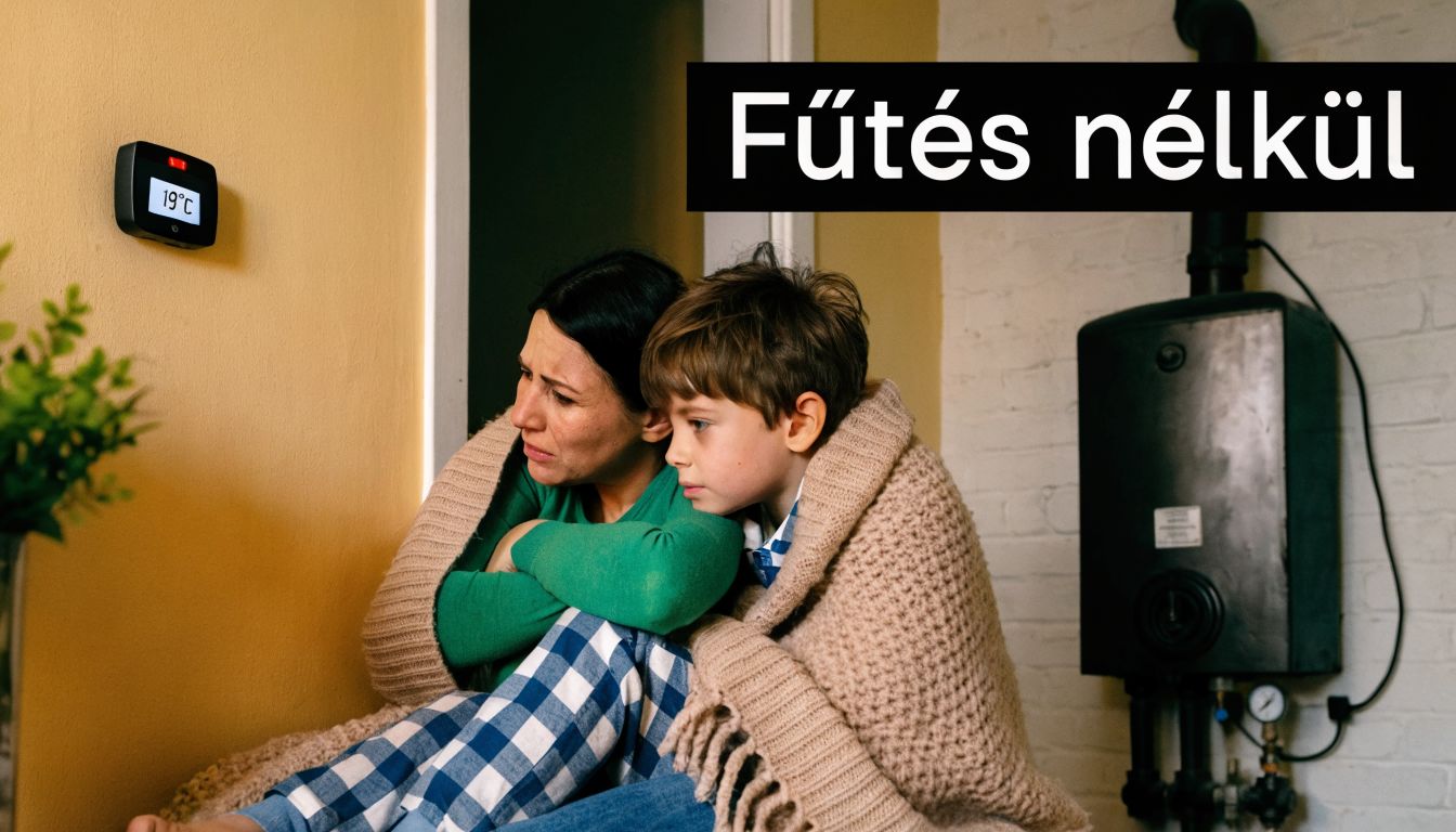 Egy aggódó anya és kisfia takaróba burkolózva ülnek a hideg lakásban a fűtés hiánya miatt.