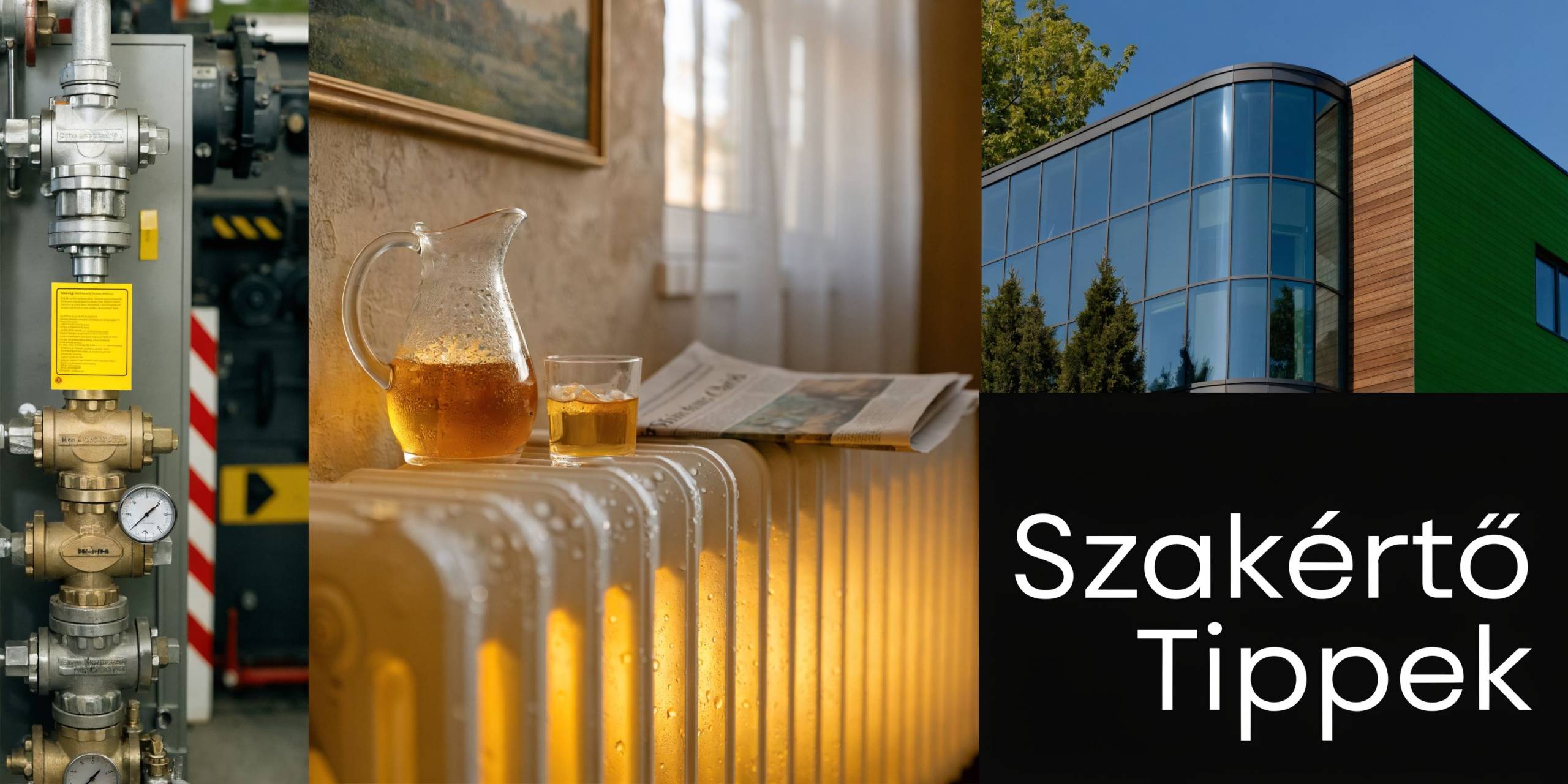 Ipari kazánokhoz kapcsolódó technikai alkatrészek, otthoni radiátor és modern épület, szakértő tippek témájú illusztrációként.