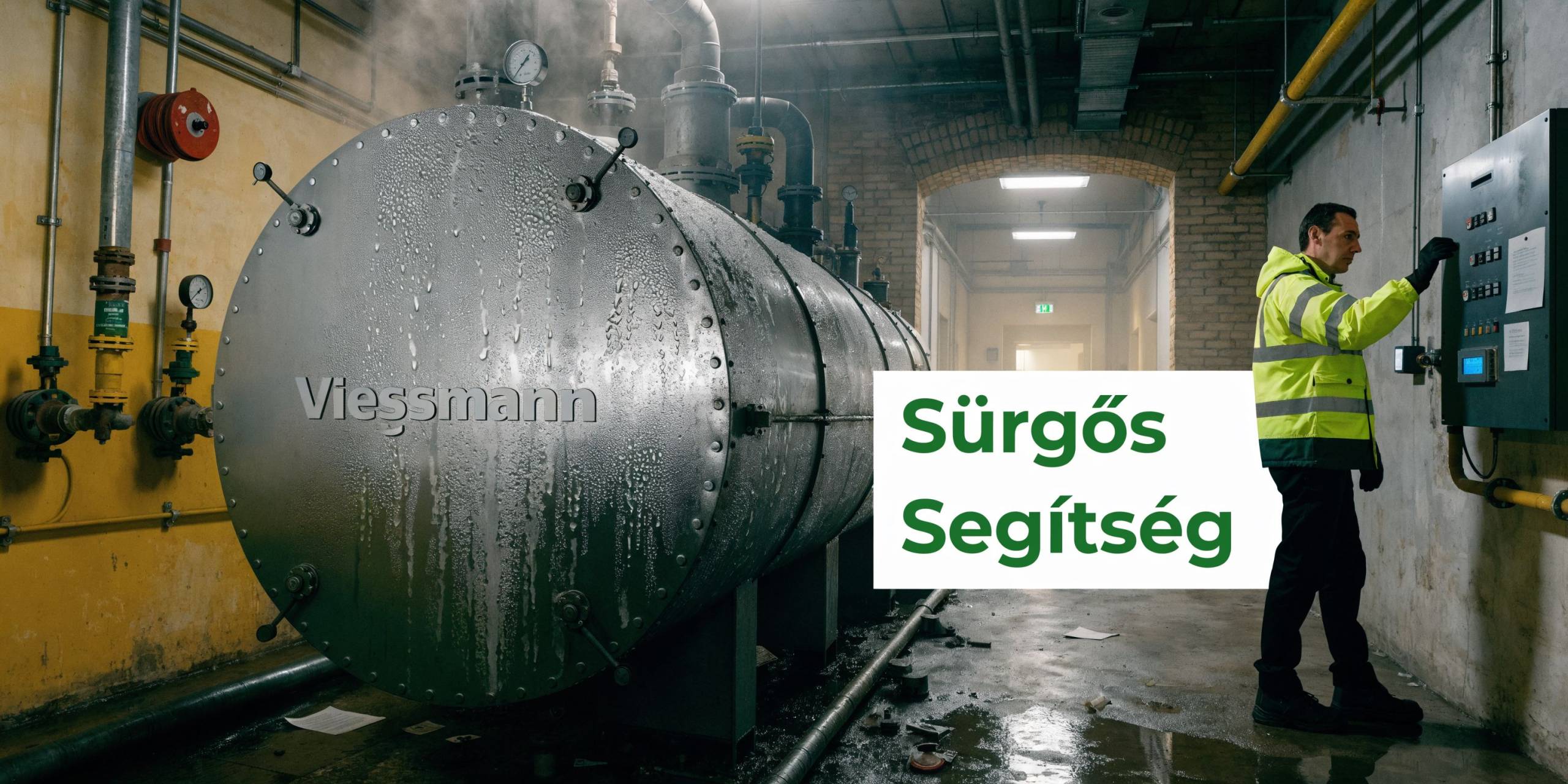Szerelő a Viessmann ipari kazán vezérlőpultjánál végez sürgős karbantartási munkálatokat egy gőzölgő ipari környezetben.