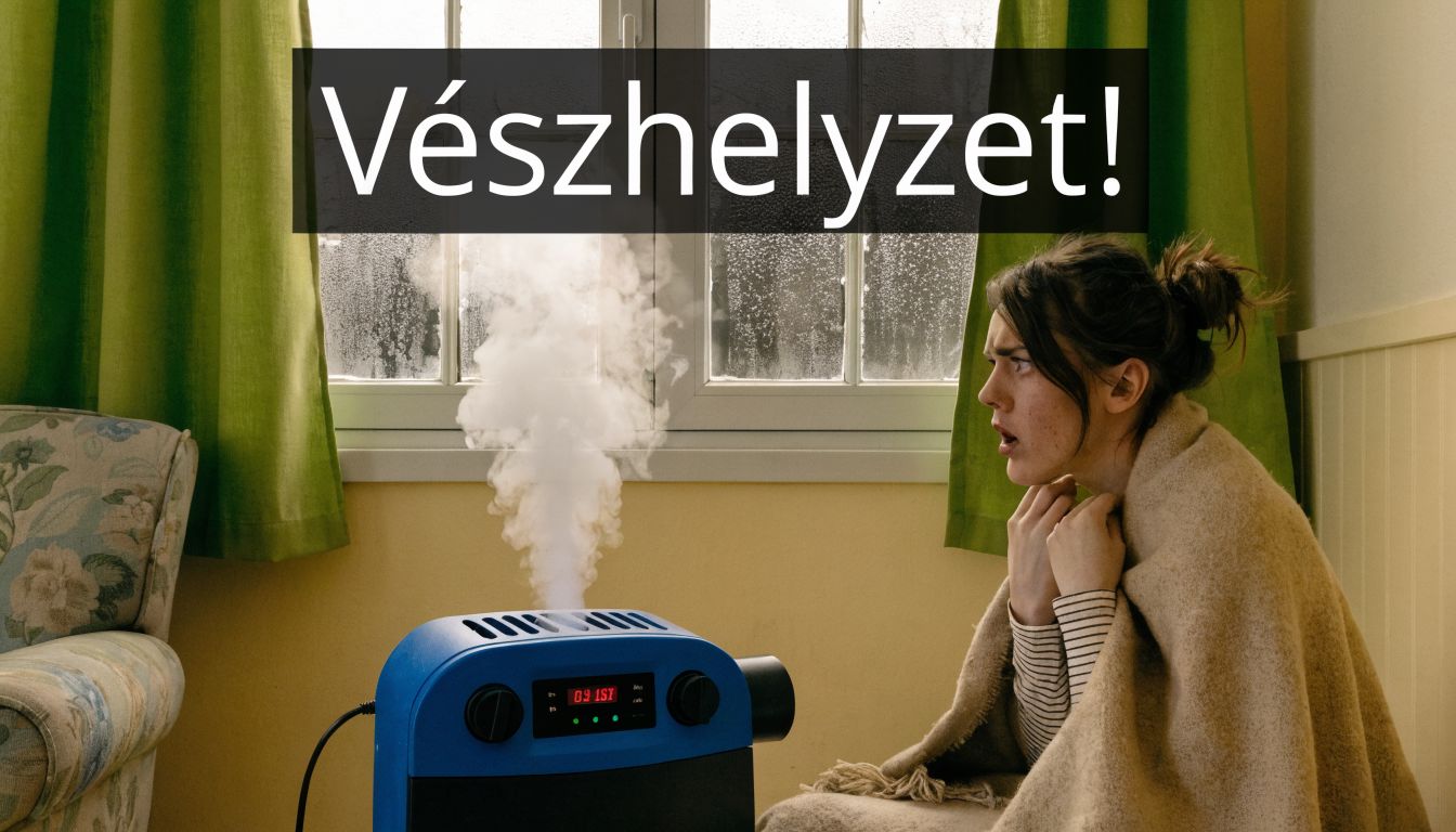 Egy fiatal nő rémülten ül egy takaróba burkolózva egy füstölő, hibás fűtőberendezés mellett a szobában.