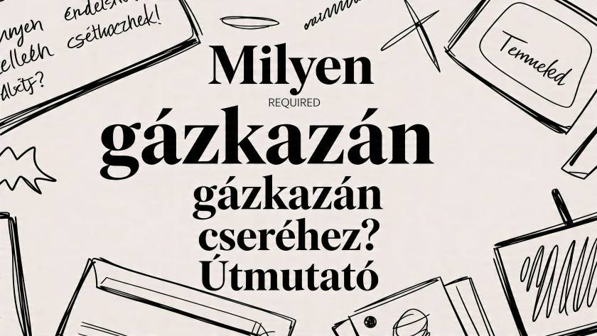 Bold Hungarian cover reading 'Milyen gázkazán cseréhez? Útmutató' with black sketch drawings around