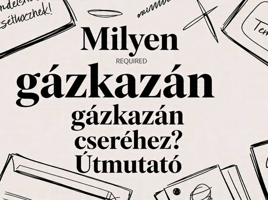 Bold Hungarian cover reading 'Milyen gázkazán cseréhez? Útmutató' with black sketch drawings around