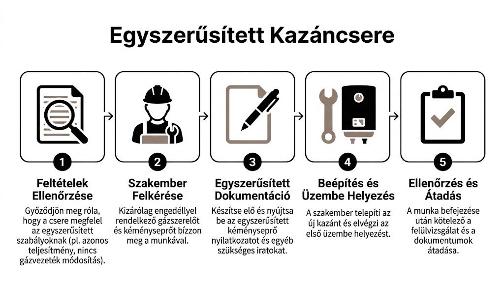 Az egyszerűsített kazáncsere folyamatát bemutató öt lépésből álló tájékoztató ábra a szükséges teendőkről.