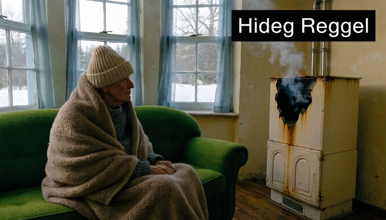 Egy idős ember meleg takaróba burkolózva ül egy zöld kanapén, miközben egy füstölgő kályha mellett melegszik.