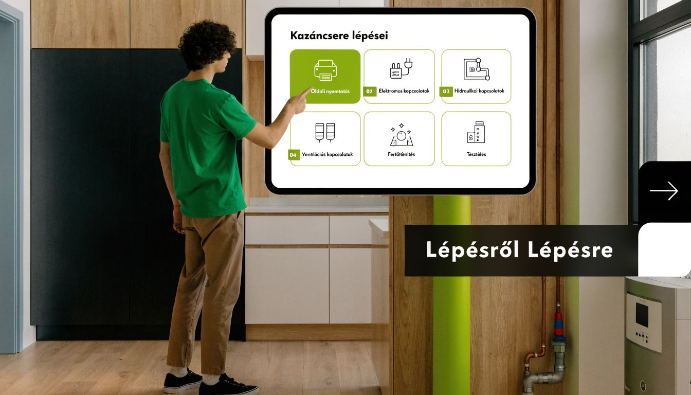 Fiatal férfi egy digitális érintőképernyőt használ, amely a gázkazán beszerelésének lépéseit mutatja be egy modern konyhában.