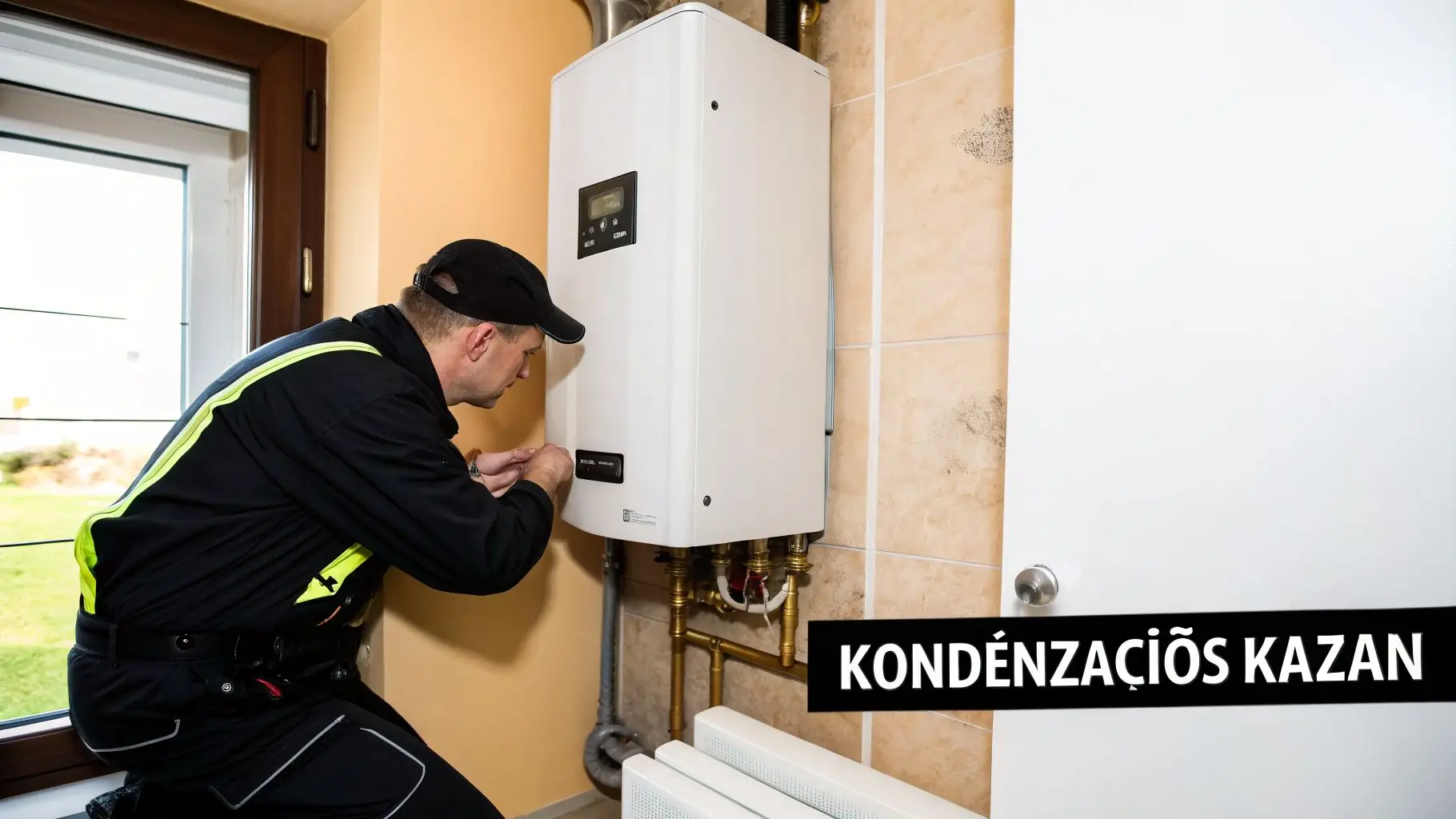 Egy szerelő egy fehér kondenzációs kazánon dolgozik egy lakásban, ellenőrzi a csatlakozásokat és alkatrészeket, a háttérben ablak látható.