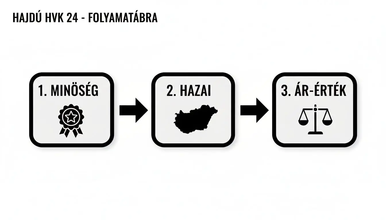 A Hajdú HVK 24 folyamatábrája három lépést mutat be: minőség, hazai termék és ár-érték arány ikonokkal.