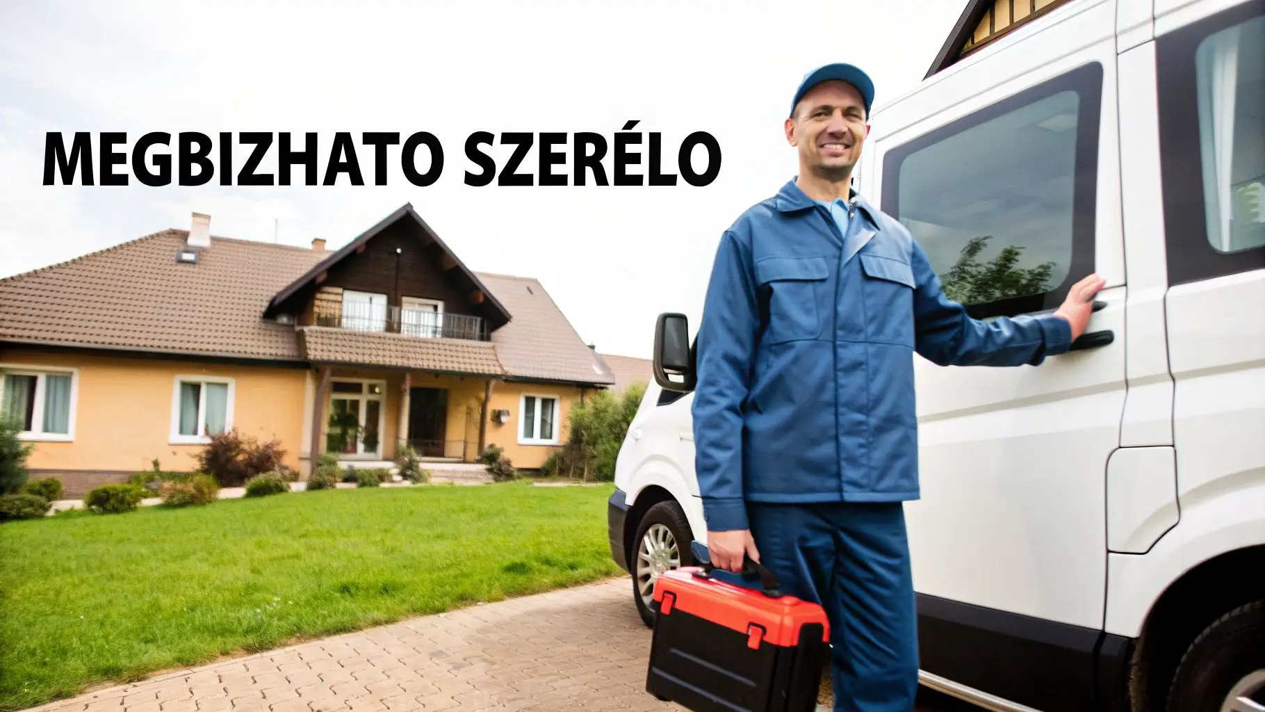 Mosolygó szerelő kék egyenruhában, szerszámosládával, fehér szervizautója mellett egy családi ház előtt.