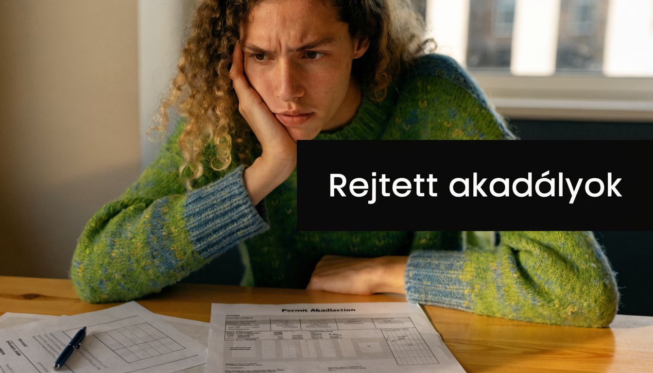 Egy fiatal nő aggódó arckifejezéssel nézi a bonyolult dokumentumokat, miközben a rejtett akadályokról szóló felirat olvasható.