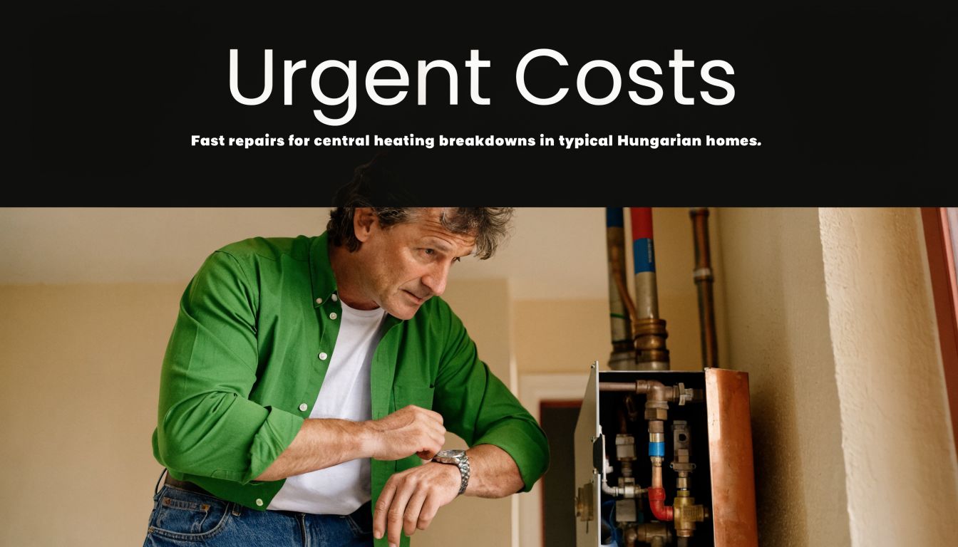 Egy aggódó férfi az órájára néz egy meghibásodott fali kazán mellett, a fűtés javításának sürgősségét szemléltetve.