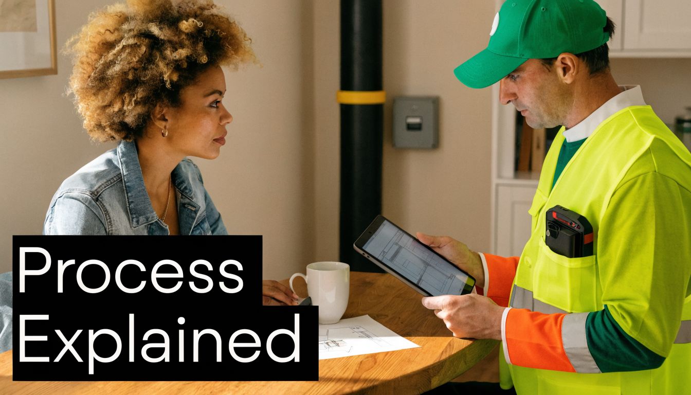 Egy fiatal nő egyeztet egy szakemberrel, aki a táblagépén mutatja a kazáncsere tervét egy otthoni asztalnál ülve.