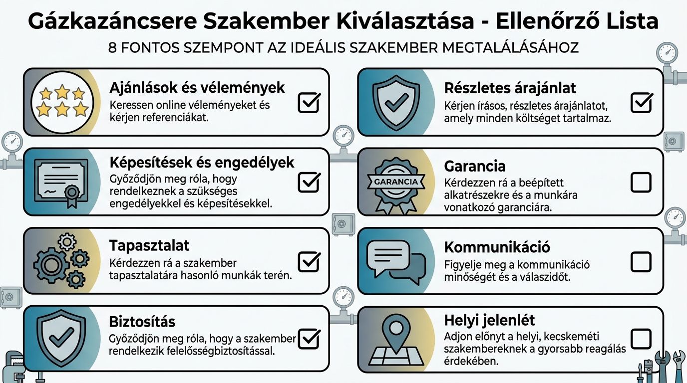 Ellenőrző lista a megfelelő gázkazáncsere szakember kiválasztásához Kecskeméten, nyolc fontos szemponttal a biztonságos munkavégzés érdekében.