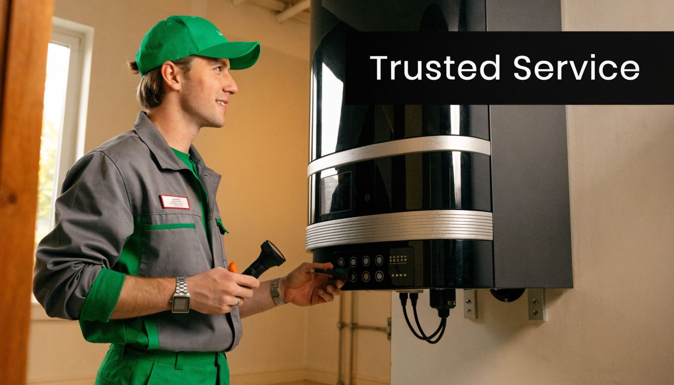 Egy mosolygó szakember zöld munkaruhában egy falra szerelt fűtőberendezést vizsgál a kecskeméti kazáncsere munkafolyamata során.